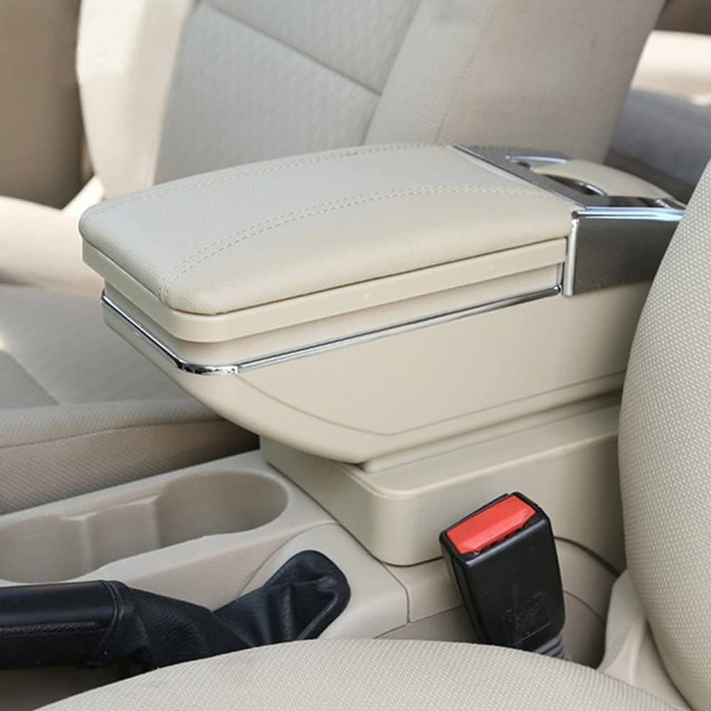 Universal Car Armrest Storage Console Box Artificial Leather- Cream colour